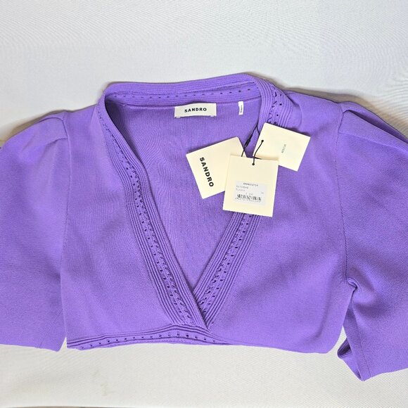 Sandro Ombre Balloon-sleeved V-neck Stretch-knit Mini Dress in Violet, NWT - Picture 5 of 7